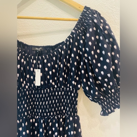 NWT Madewell Smocked-Waist Midi Dress in Black/White Shibori Dot Print Size 00 - Picture 4 of 4